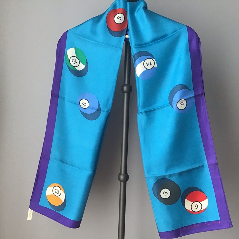 Vintage Perry Ellis Rectangular Blue Silk Scarf Billiard Balls